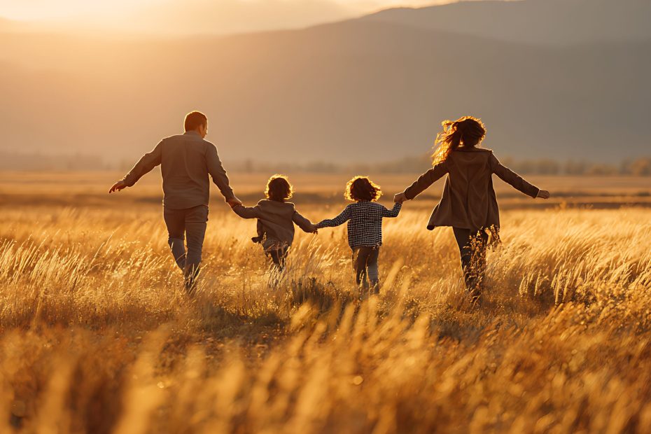 Family walking through a wheat field as the sun sets in front of them. (Source: Canva)