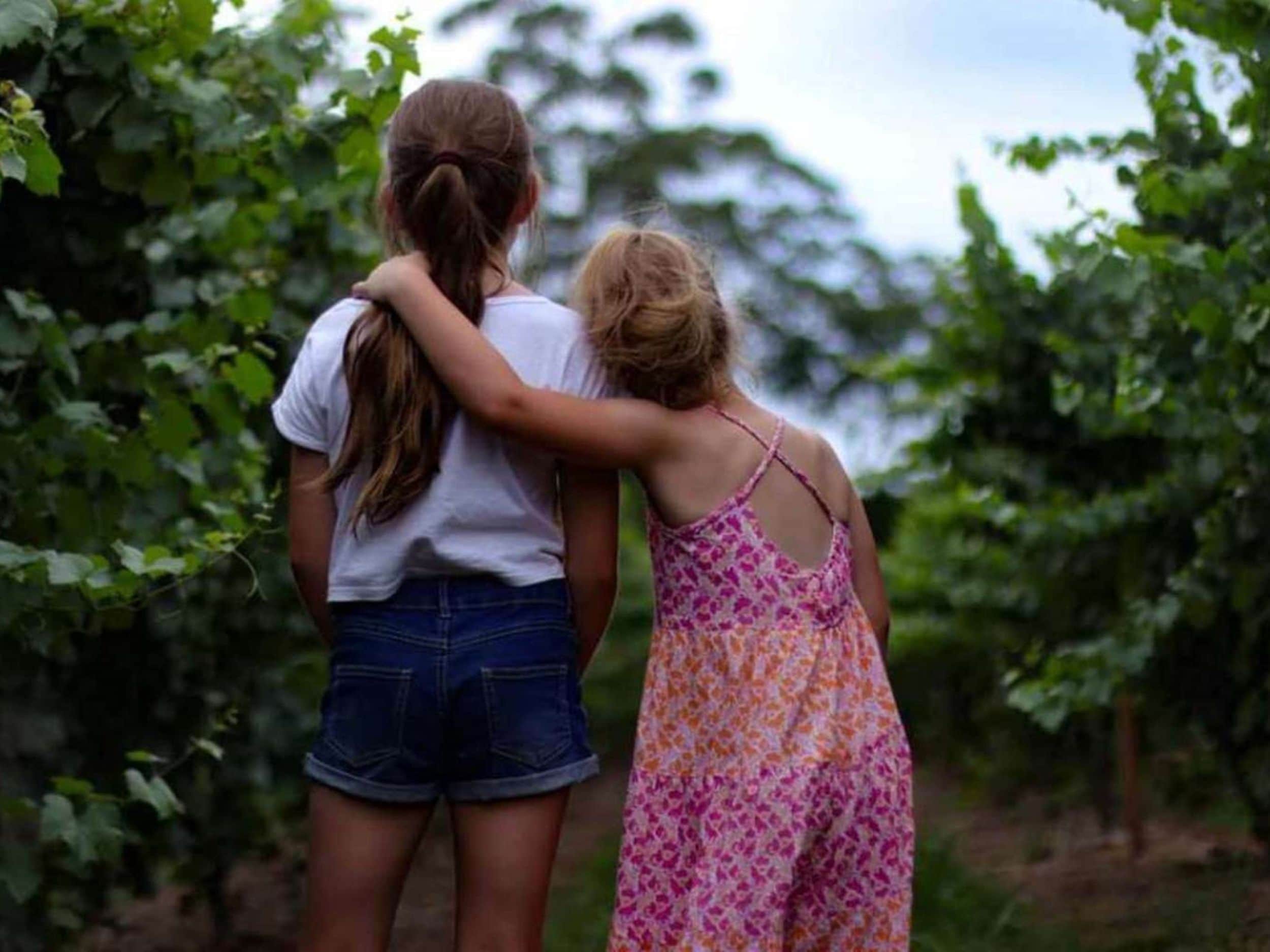 Girls in summer clothing looking away from the camera, surrounded by bushes