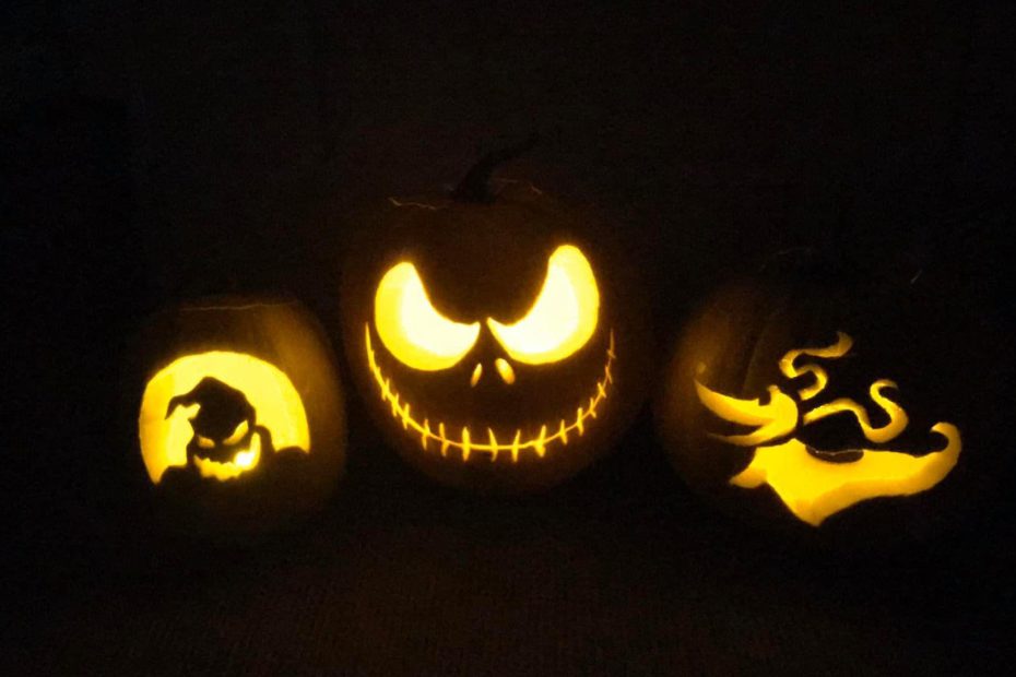 Nightmare Before Christmas themed pumpkins - Oogie Boogie, Jack Skellington, and Blanket