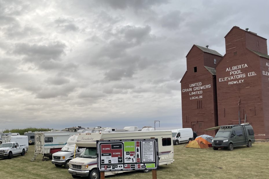 Camping in front of the grain elevators in Rowley, Alberta