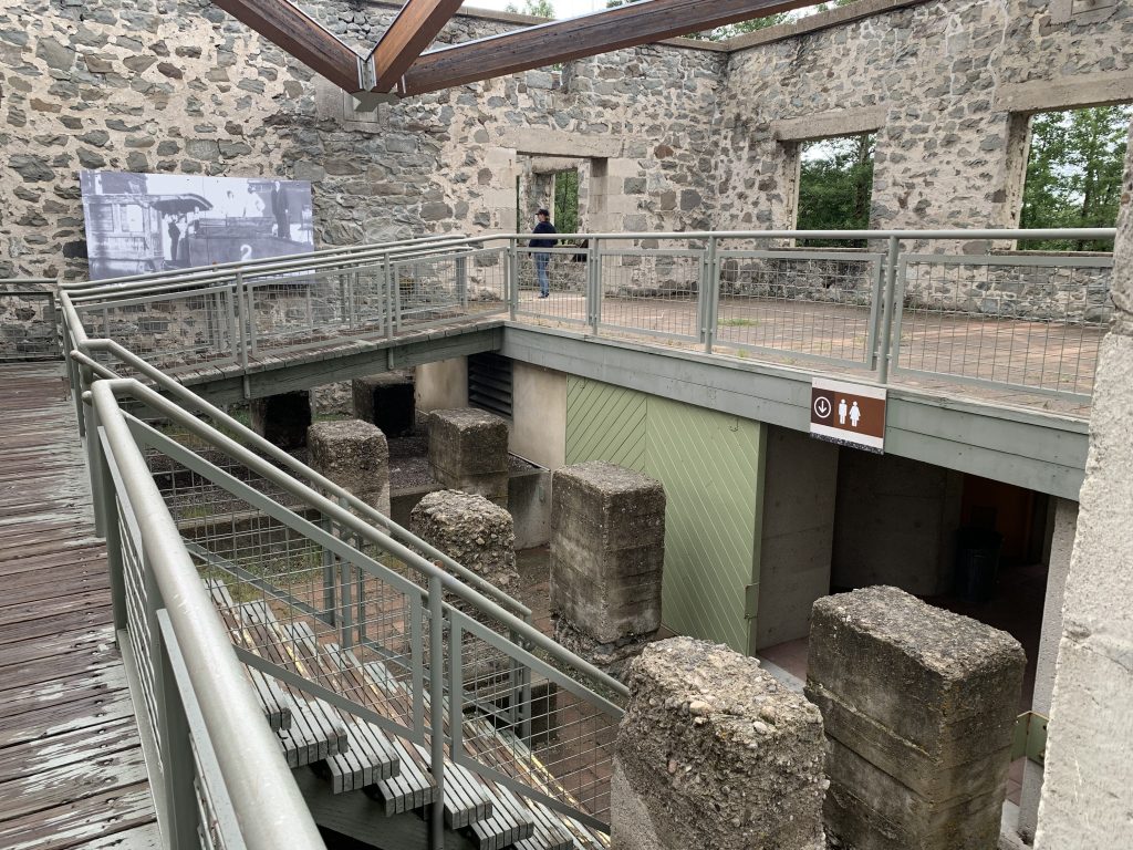Interior of a building at Leitch Collieries with stairs leading down to the public rest rooms.