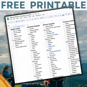 Square image with text "Free Printable" and a screenshot of the Alberta Mamas Camping Checklist spreadsheet.